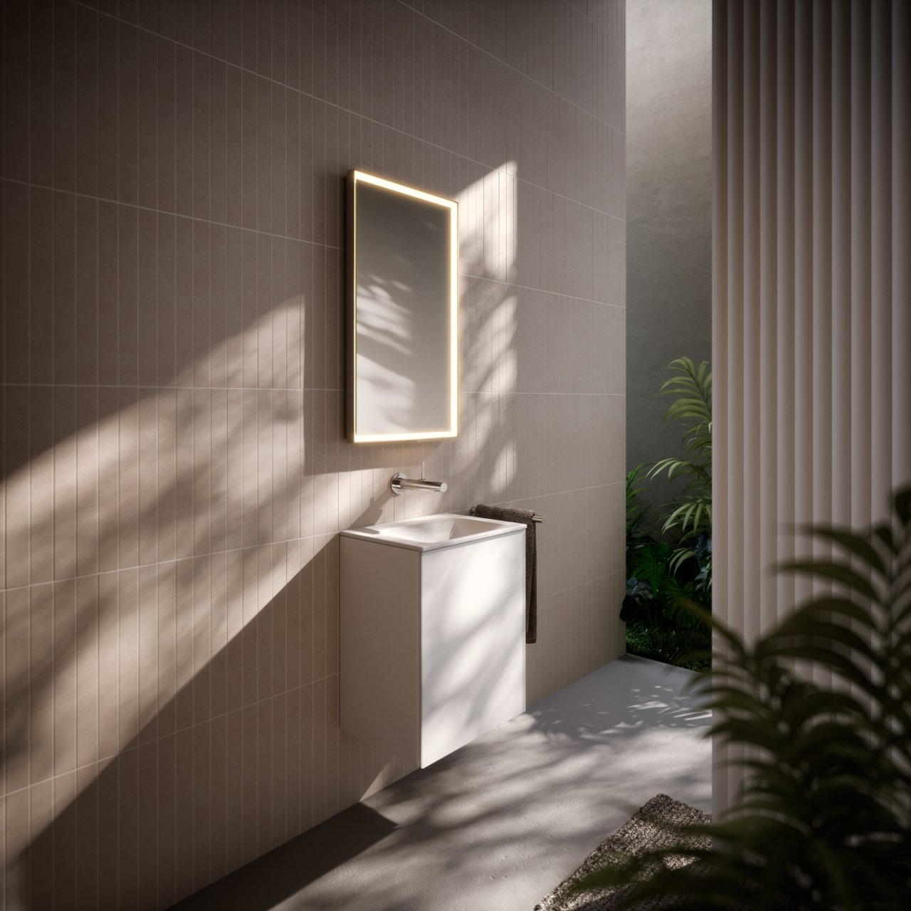Gästebad in seitlicher Ansicht mit ROYAL LUMOS Lichtspiegel, X-LINE Waschtischunterbau, IXMO Armatur und REVA Accessoires