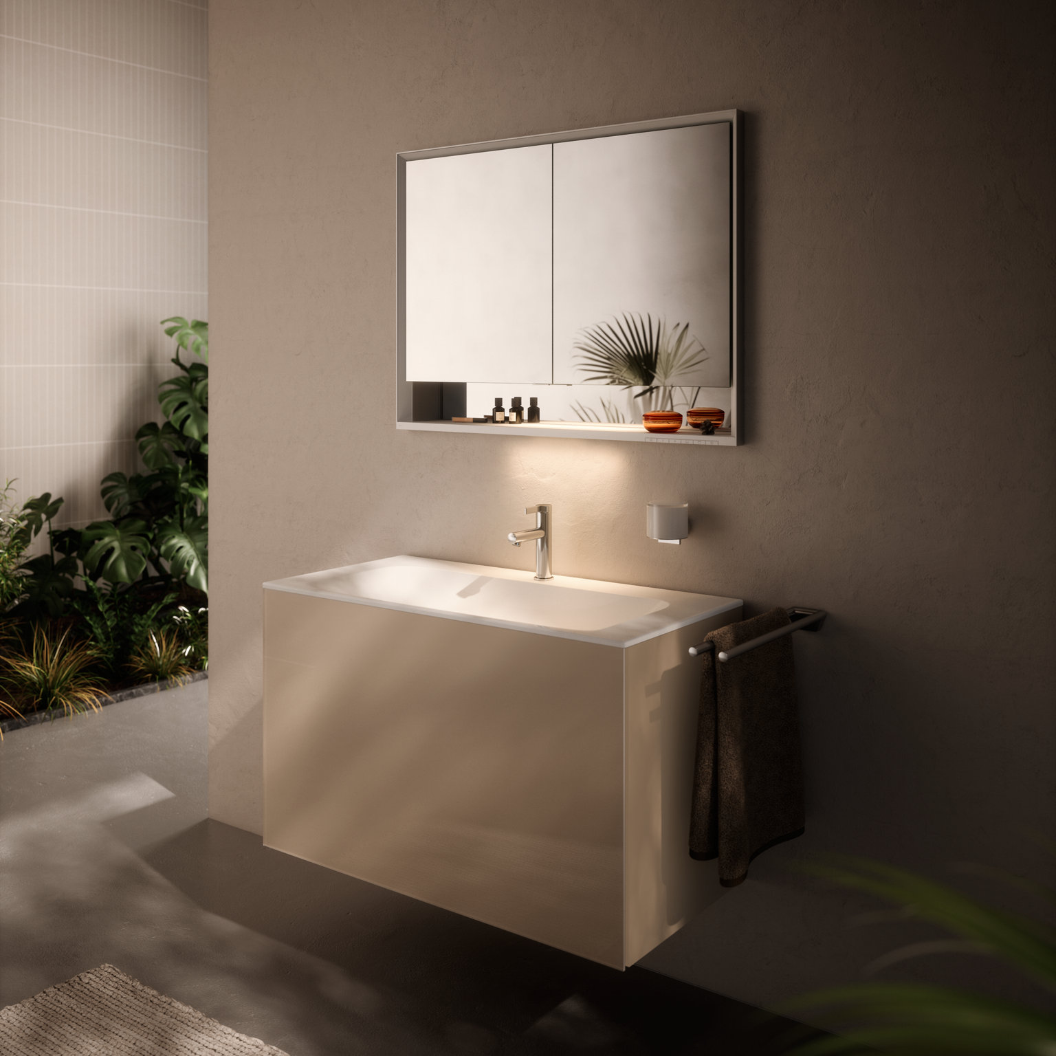 Fach- und Armaturbeleuchtung ROYAL LUMOS mit offenem Fach über X-LINE Waschtisch mit IXMO PURE Armatur und REVA Accessoires