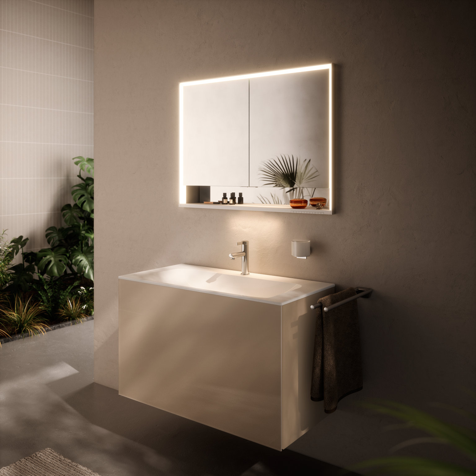 Haupt-, Fach- und Armaturbeleuchtung ROYAL LUMOS mit offenem Fach über X-LINE Waschtisch mit IXMO PURE Armatur und REVA Accessoires
