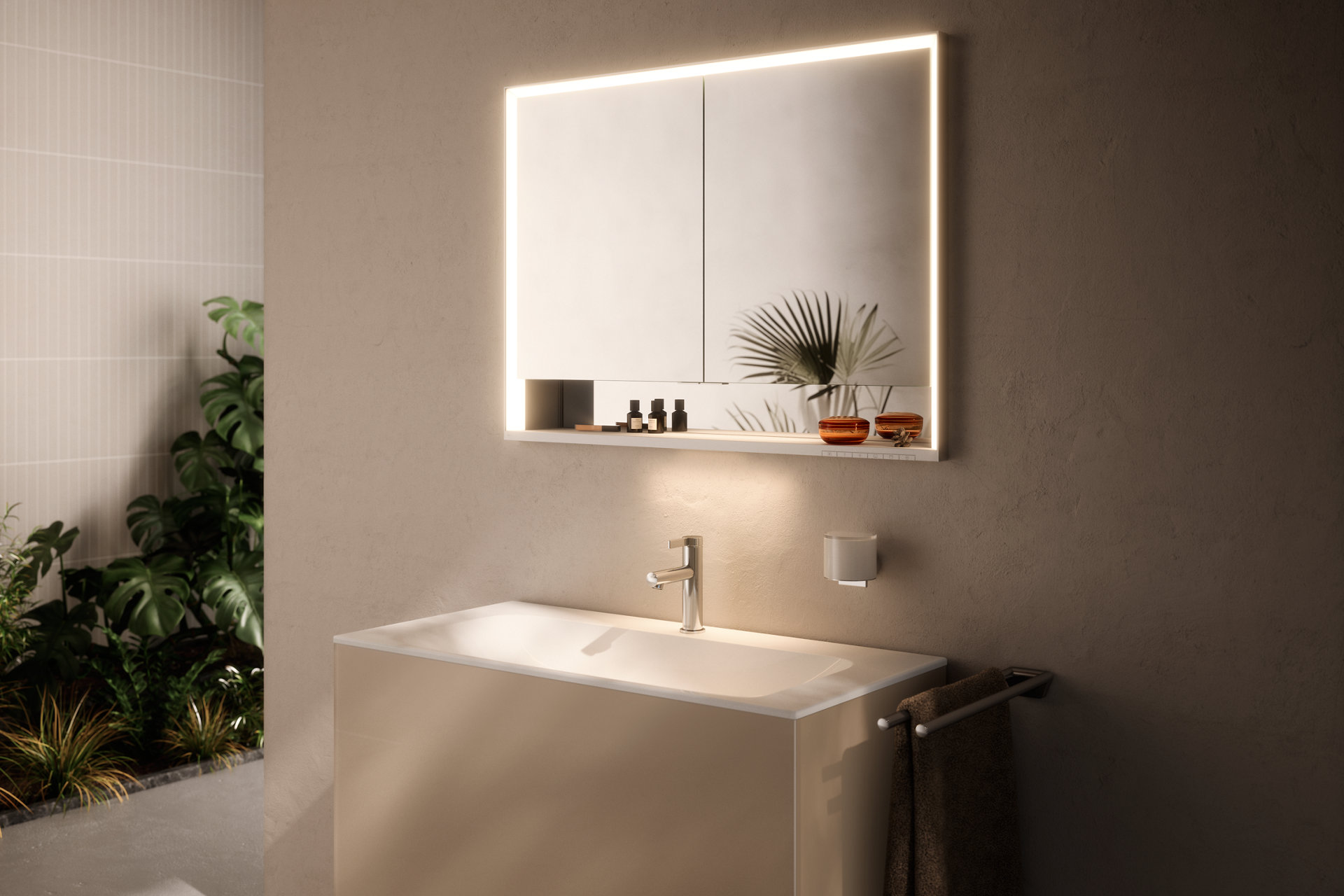 Main, compartment and fitting lighting ROYAL LUMOS with open compartment above X-LINE washbasin with IXMO PURE fitting and REVA Accessories