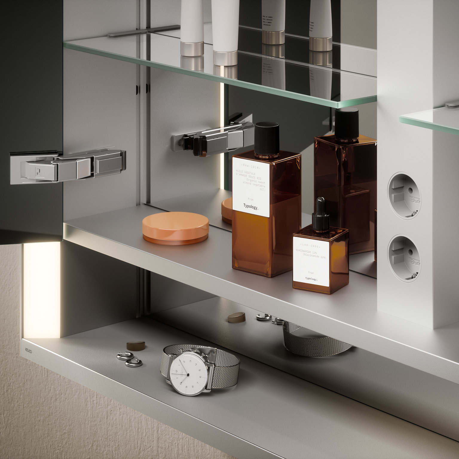 Detail geöffneter ROYAL LUMOS Spiegelschrank, 160 mm tief