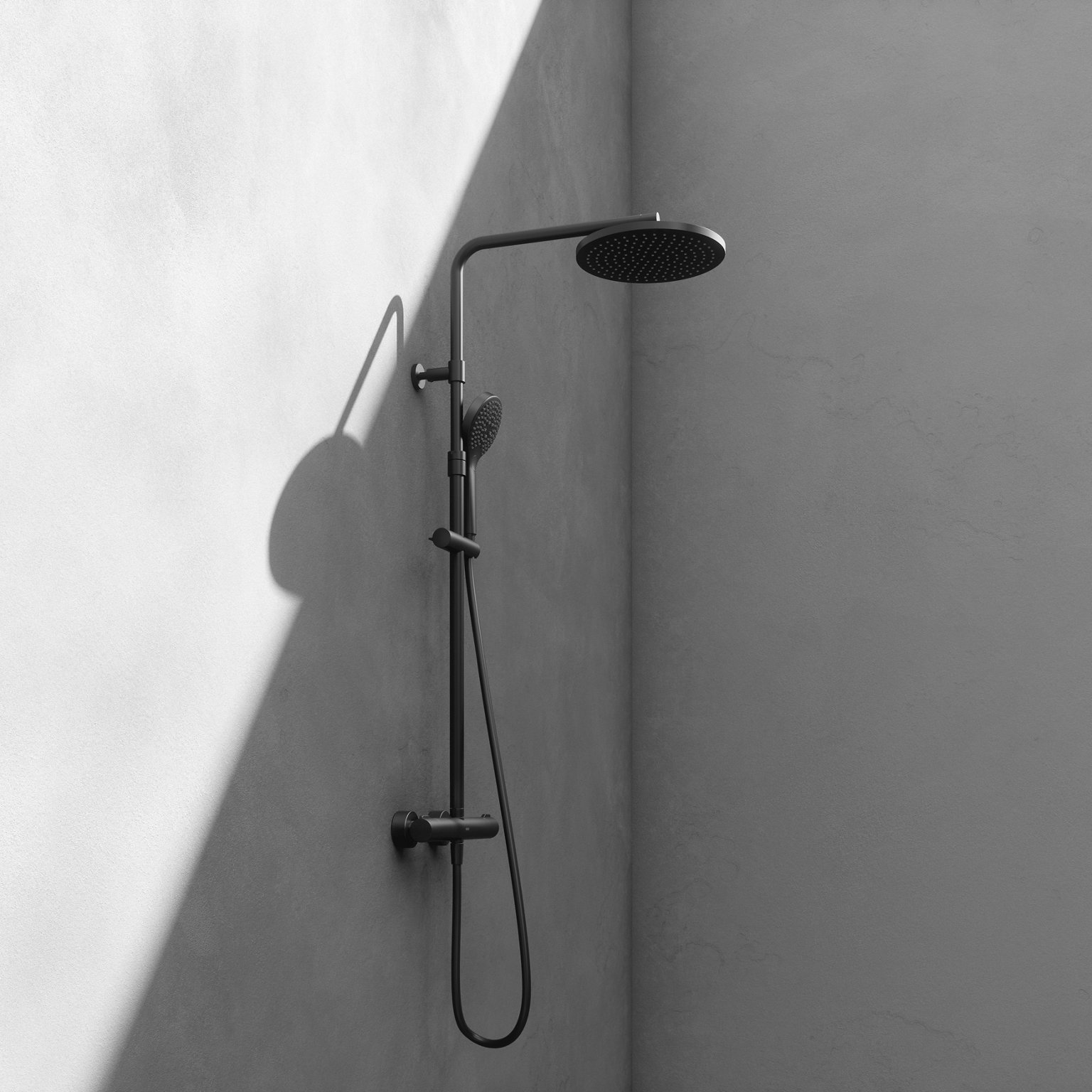 PLAN blue Thermostat-Brausearmatur Aufputz mit Kopfbrause in Schwarz matt auf verputzter Wand