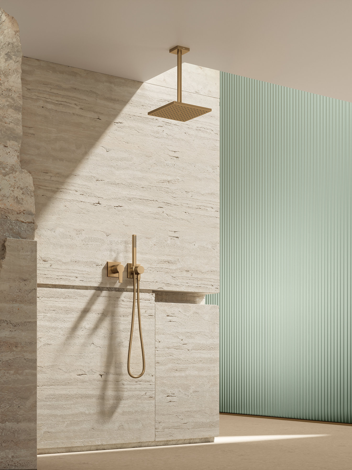 EDITION 11 shower fitting with head and hand shower in brushed brass