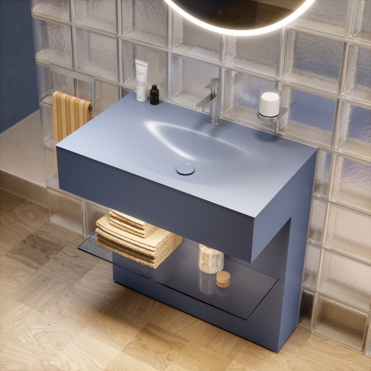 EDITION 11 ART Waschtischunterbau mit Ablage in Blue Satin mit IXMO Flat Armatur und Collection Moll Accessoires in Edelstahl gebürstet
