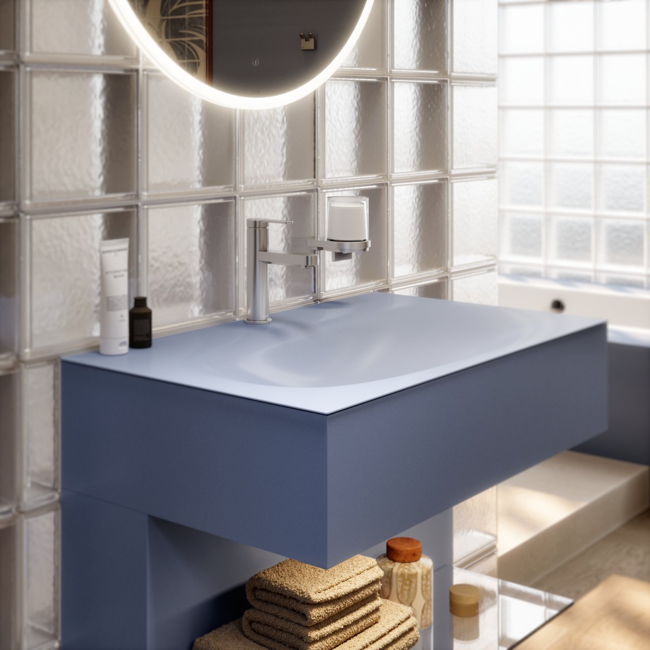 EDITION 11 ART Waschtischunterbau mit Ablage in Blue Satin mit rundem Lichtspiegel, IXMO Flat Armatur und Collection Moll Accessoires in Edelstahl gebürstet