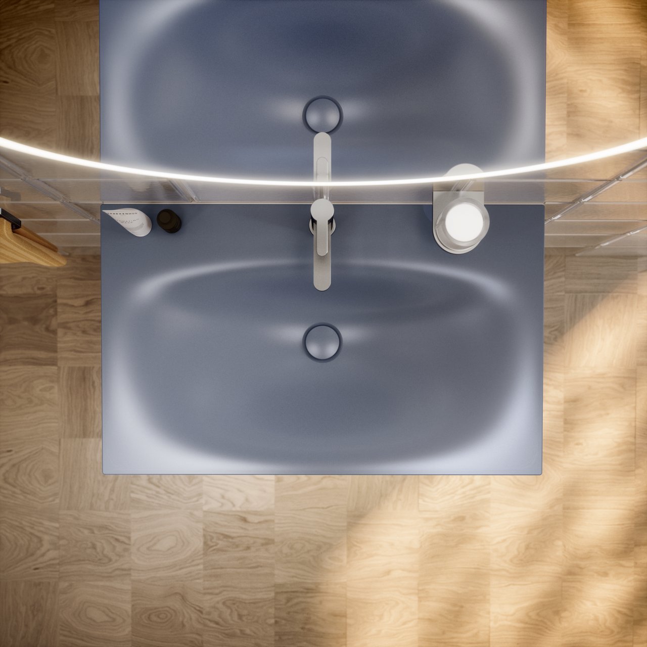 Aufsicht EDITION 11 ART Einbauwaschtisch aus Stahl-Emaille in Blue Satin mit IXMO Flat und Collection Moll Seifenspender