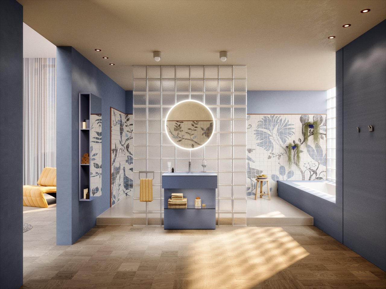 EDITION 11 ART Waschtischunterbau mit Ablage in blue satin mit rundem Lichtspiegel, IXMO Flat Armatur und Collection Moll Accessoires in Edelstahl gebürstet