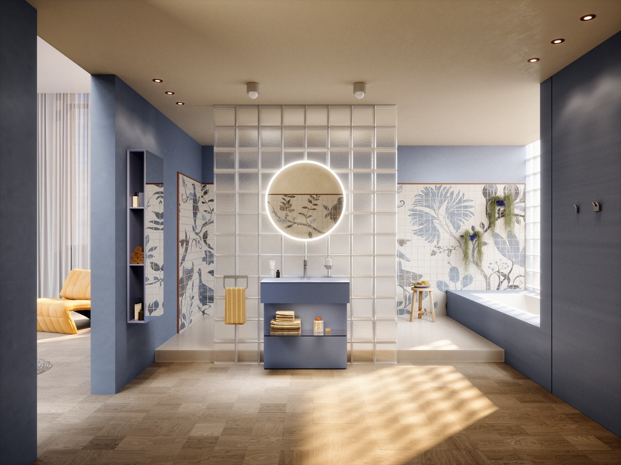 EDITION 11 ART Waschtischunterbau mit Ablage in blue satin mit rundem Lichtspiegel, IXMO Flat Armatur und Collection Moll Accessoires in Edelstahl gebürstet
