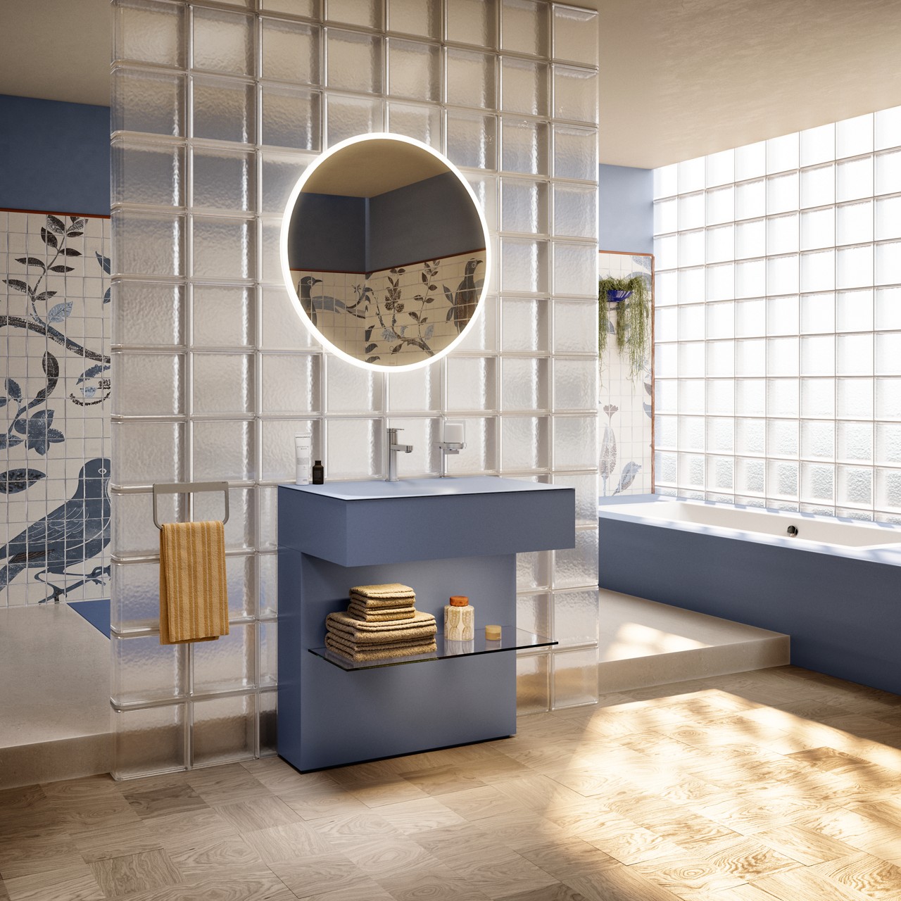 EDITION 11 ART Waschtischunterbau mit Ablage in blue satin mit rundem Lichtspiegel, IXMO Flat Armatur und Collection Moll Accessoires in Edelstahl gebürstet