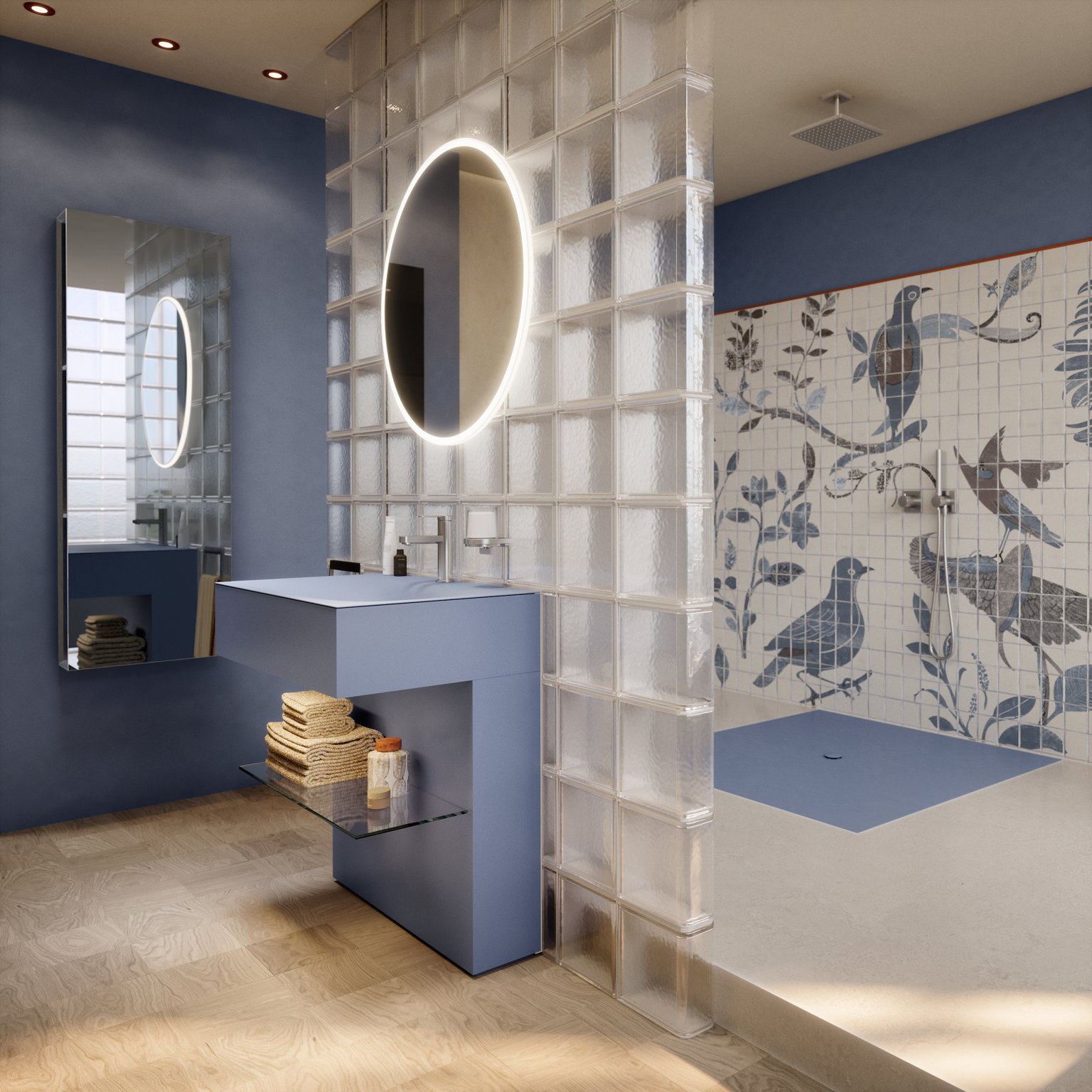 EDITION 11 ART Meuble sous vasque avec étagère en bleu satiné et miroir lumineux rond, devant l’étagère à miroir.