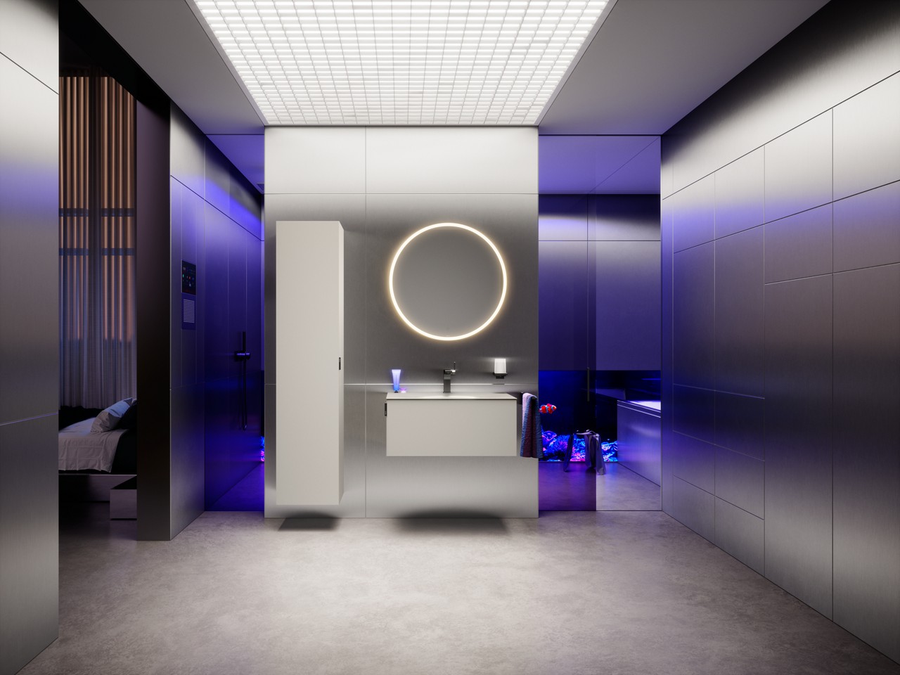 EDITION 11 ART Waschtischunterbau und Hochschrank in der Farbe Manhattan mit rundem Lichtspiegel, EDITION 11 Armatur und Accessoires in Titanschwarz gebürstet