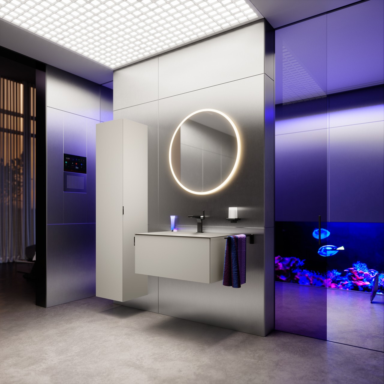EDITION 11 ART Waschtischunterbau und Hochschrank in der Farbe Manhattan mit rundem Lichtspiegel, EDITION 11 Armatur und Accessoires in Titanschwarz gebürstet