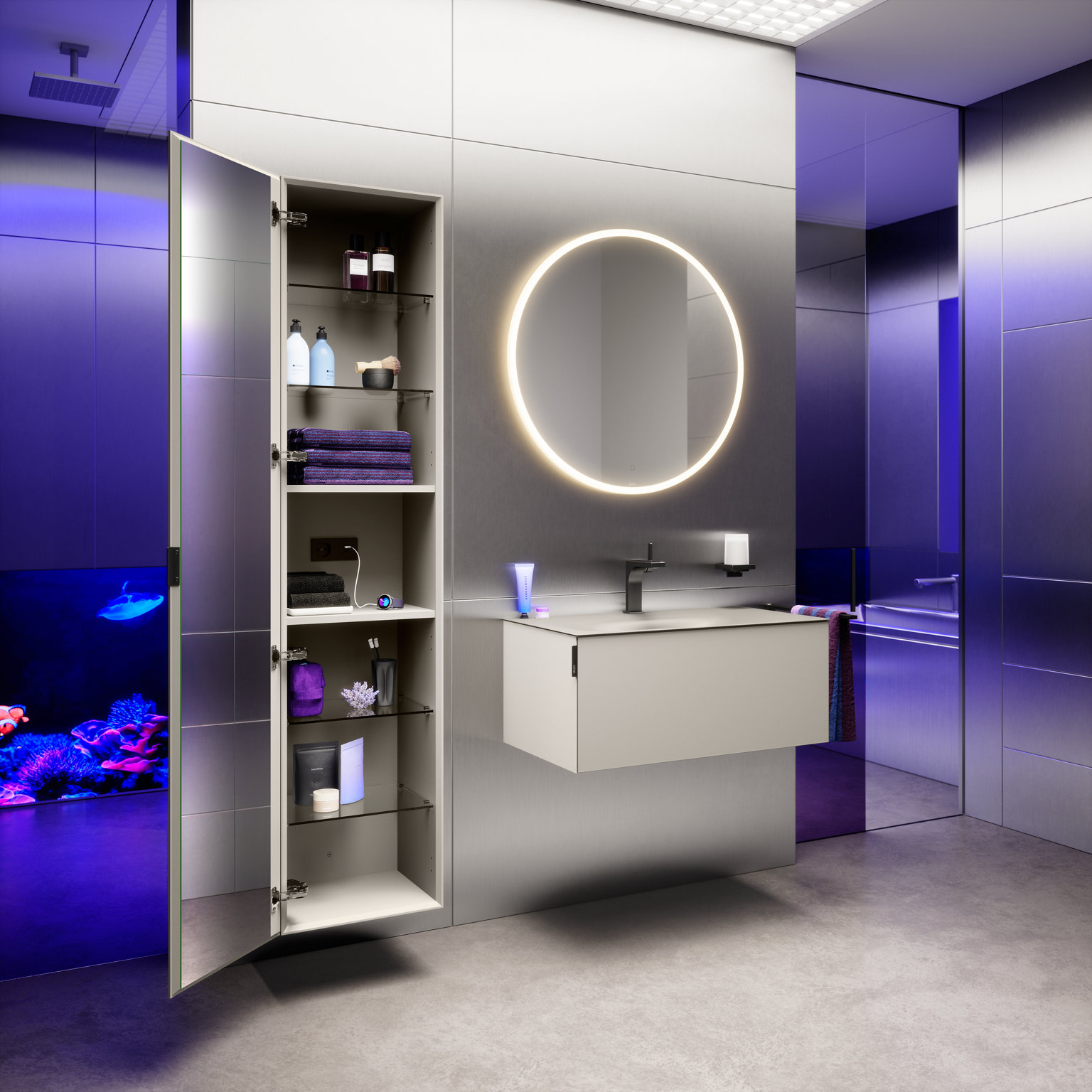 Geöffneter Hochschrank und Waschtischunterbau EDITION 11 ART in der Farbe Manhattan mit rundem Lichtspiegel, EDITION 11 Armatur und Accessoires in Titanschwarz gebürstet