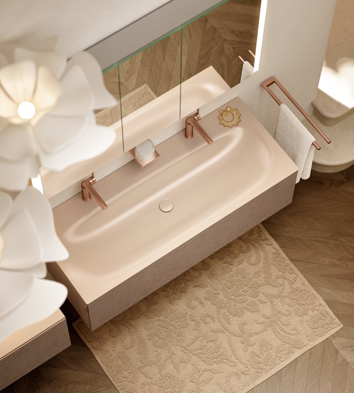 EDITION 11 ART Doppelwaschtisch in der Farbe Sand mit SOMARIS Spiegelschrank, EDITION 400 Armatur und Accessoires in Rotgold