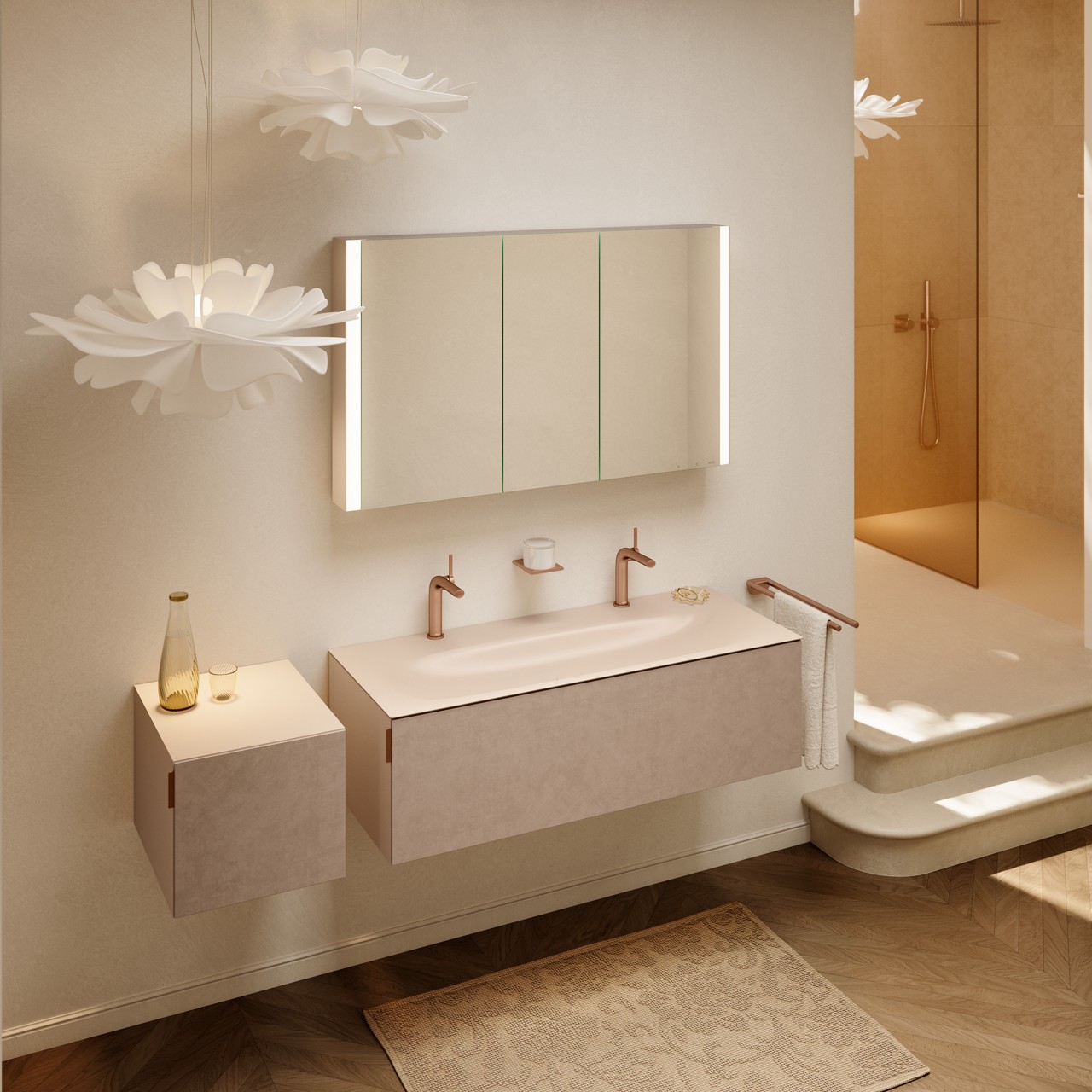 EDITION 11 ART Doppelwaschtisch und Sideboard in der Farbe Sand mit SOMARIS Spiegelschrank, EDITION 400 Armatur und Accessoires in Rotgold