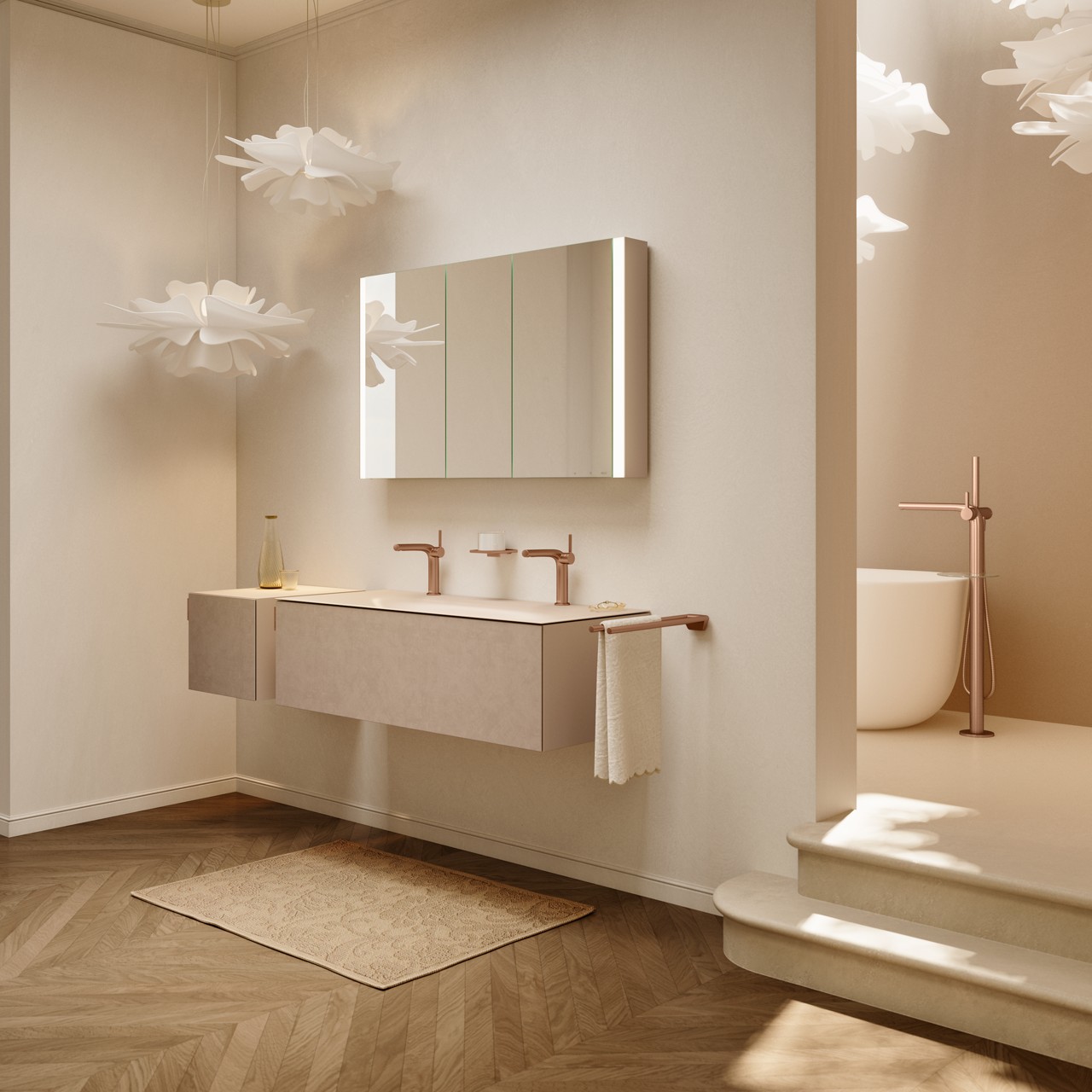 EDITION 11 ART Doppelwaschtisch und Sideboard in der Farbe Sand mit SOMARIS Spiegelschrank, EDITION 400 Armatur und Accessoires in Rotgold
