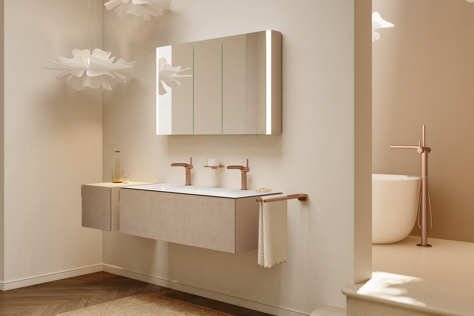 EDITION 11 ART Doppelwaschtisch in der Farbe Weiss und Sideboard in der Farbe Sand mit SOMARIS Spiegelschrank, EDITION 400 Armatur und Accessoires in Rotgold
