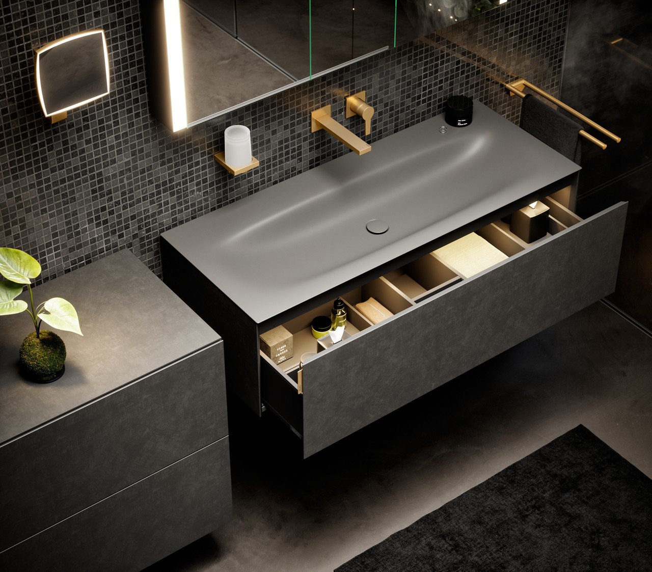 EDITION 11 ART Waschtischunterbau mit ausgezogener Schublade und Sideboard in Basalt mit EDITION 11 Armaturen und Accessoires in Messing gebürstet