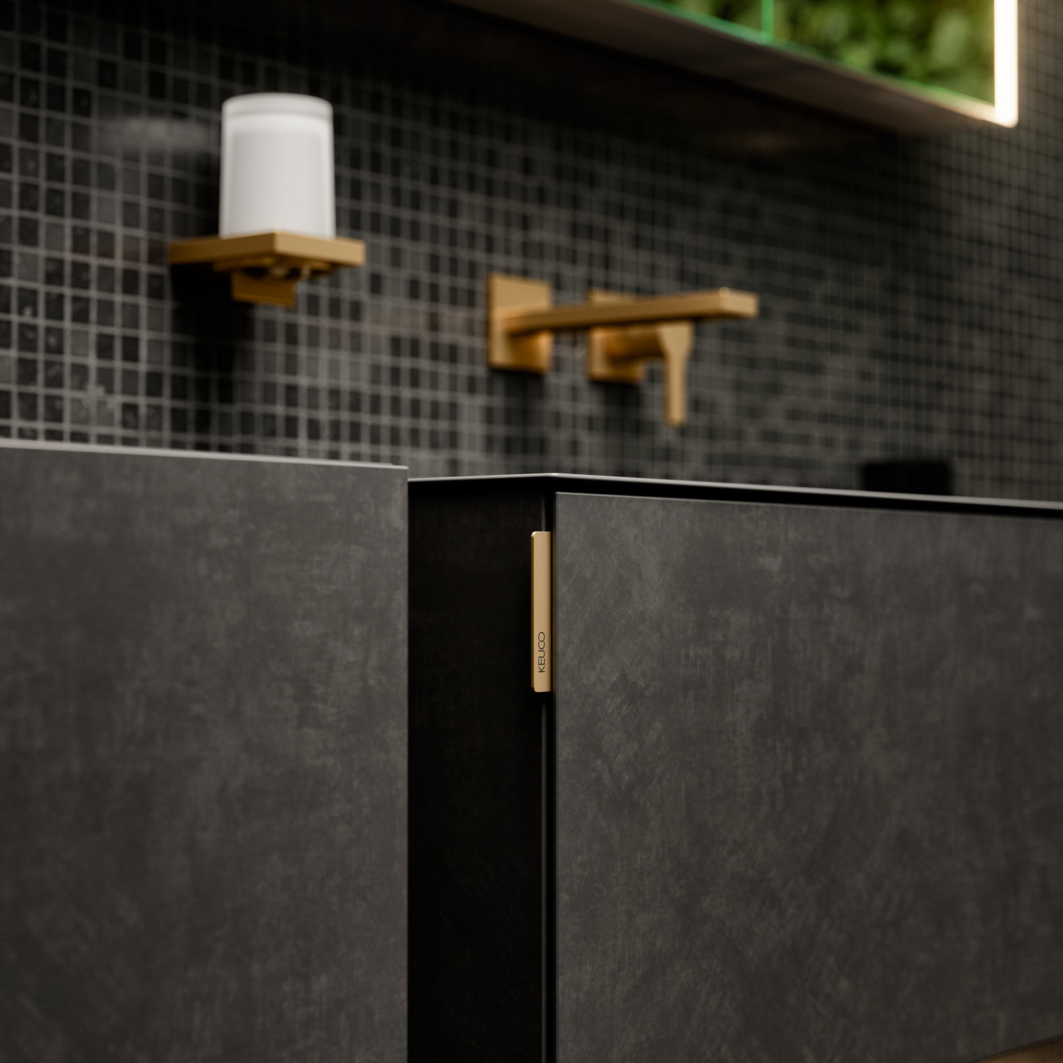 Meuble sous vasque EDITION 11 ART en basalte avec robinetterie EDITION 11 et accessoires en laiton brossé.