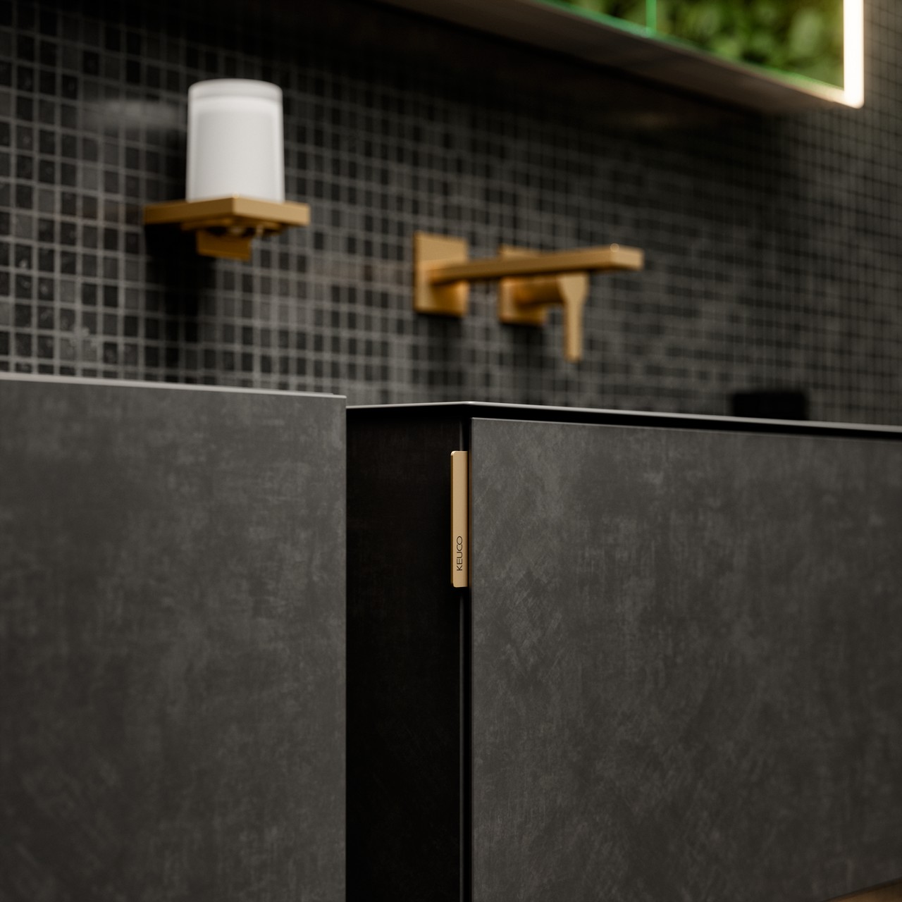 Waschtischunterbau EDITION 11 ART in Basalt mit EDITION 11 Armatur und Accessoires in Messing gebürstet