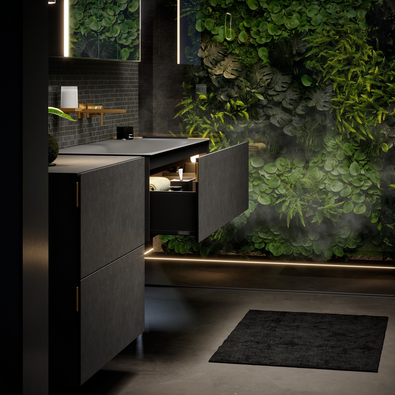 EDITION 11 ART Waschtischunterbau mit ausgezogener Schublade und Sideboard in Basalt mit EDITION 11 Armaturen und Accessoires in Messing gebürstet