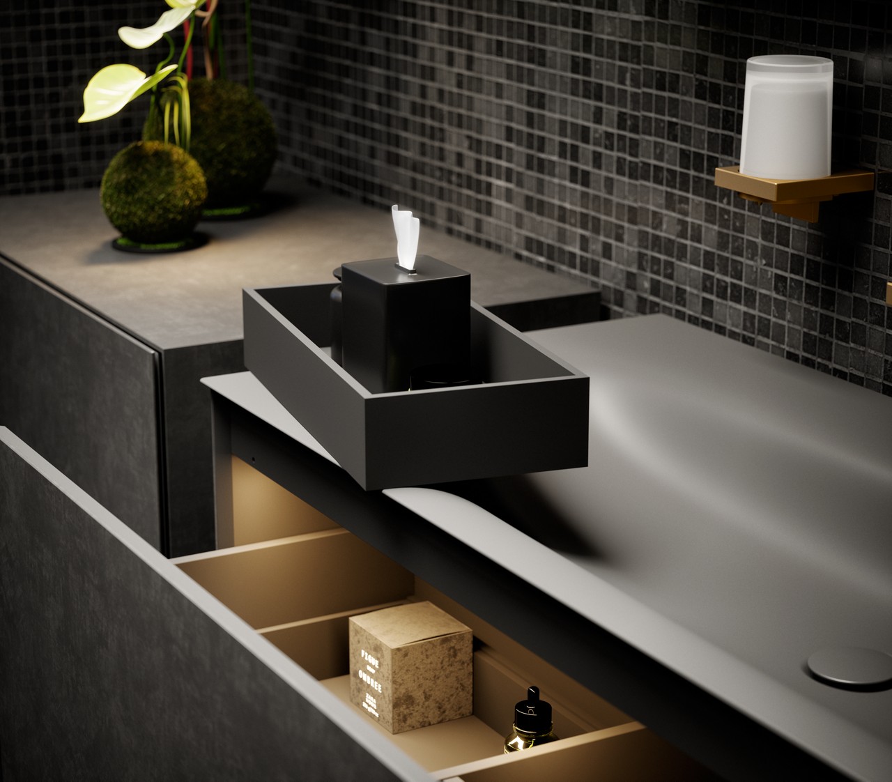 Offener Waschtischunterbau EDITION 11 ART in Basalt mit Aufbewahrungsbox in Carbon