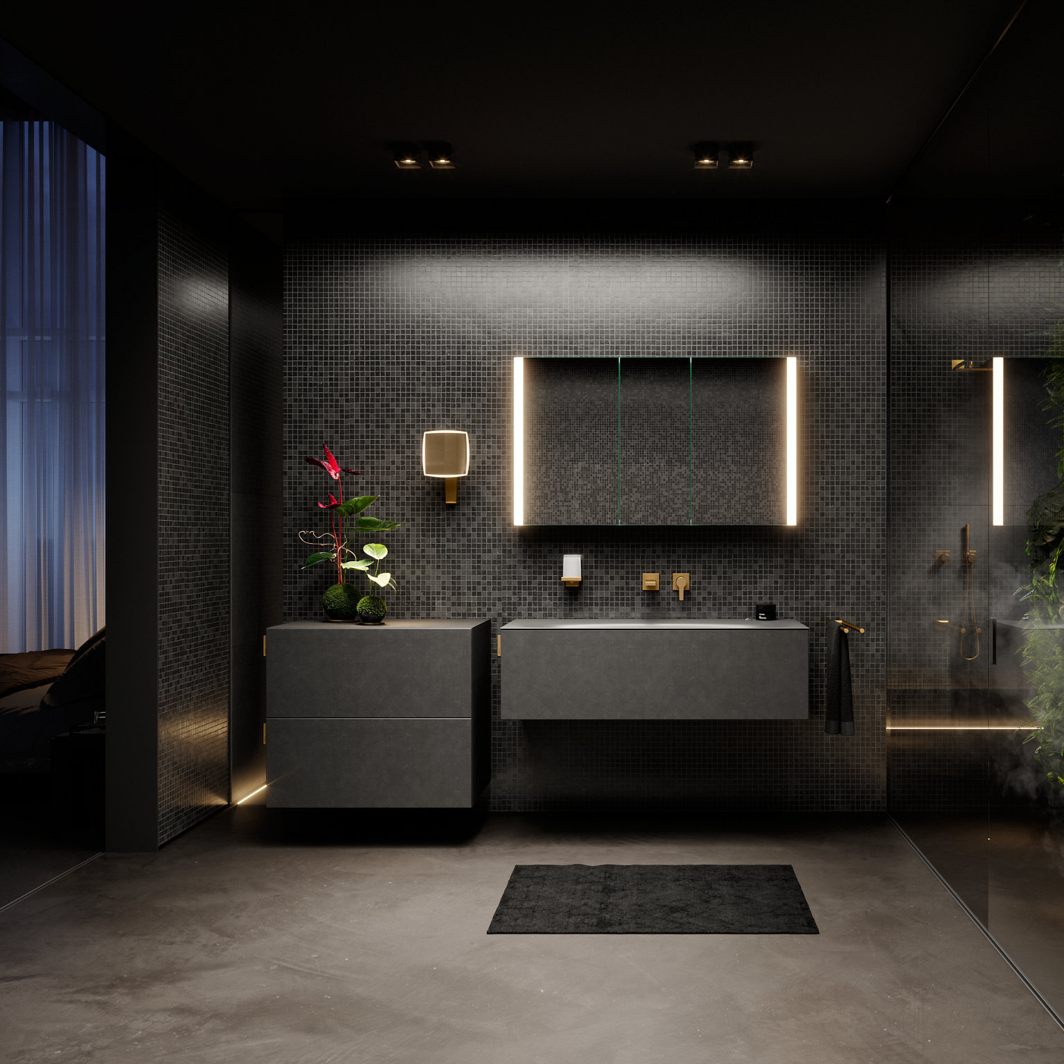 EDITION 11 ART meuble sous vasque et meuble latéral en smoke/basalt avec armoire de toilette à miroir SOMARIS, robinetterie EDITION 11 et accessoires en laiton brossé