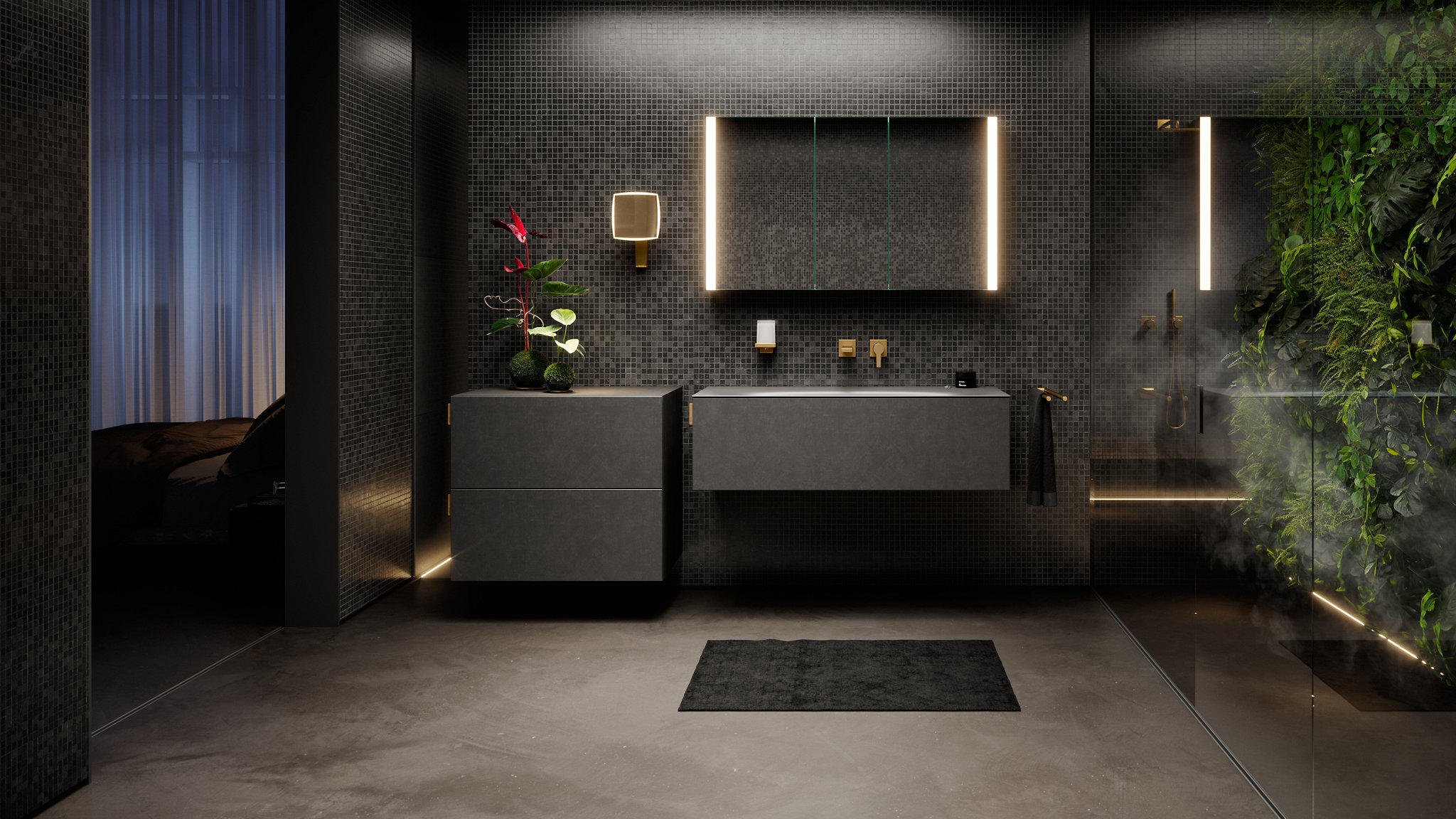 EDITION 11 ART Waschtischunterbau und Sideboard in smoke/basalt mit SOMARIS Spiegelschrank, EDITION 11 Armaturen und Accessoires in Messing gebürstet