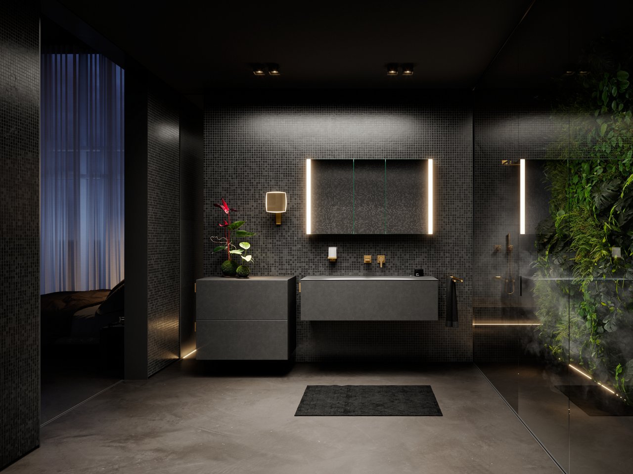 EDITION 11 ART Waschtischunterbau und Sideboard in smoke/basalt mit SOMARIS Spiegelschrank, EDITION 11 Armaturen und Accessoires in Messing gebürstet