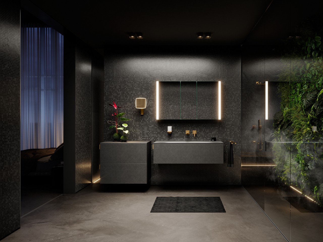 EDITION 11 ART Waschtischunterbau und Sideboard in smoke/basalt mit SOMARIS Spiegelschrank, EDITION 11 Armaturen und Accessoires in Messing gebürstet
