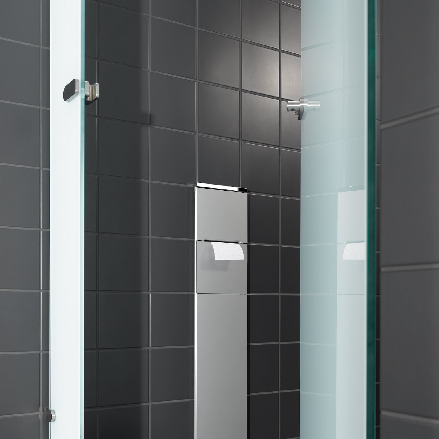 Das Plan Integral Modul WC 1, in Weiß als Wandeinbau-Montage, besteht aus: Toilettenpapierhalter und Toilettenbürstengarnitur