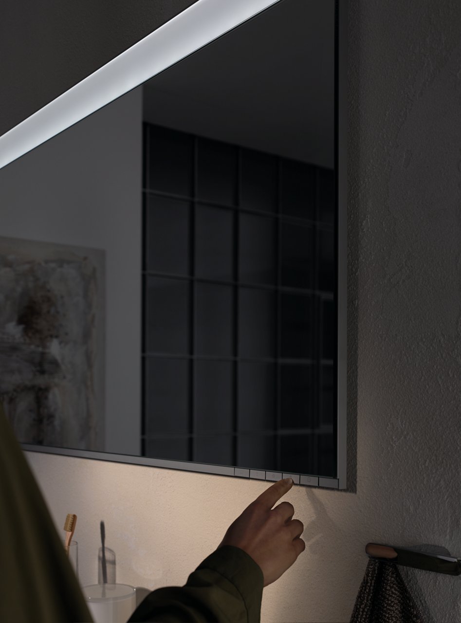 X-LINE Specchi con illuminazione lavabo e Base portalavabo di X-LINE in tartufo più Base laterale e accessori Plan 