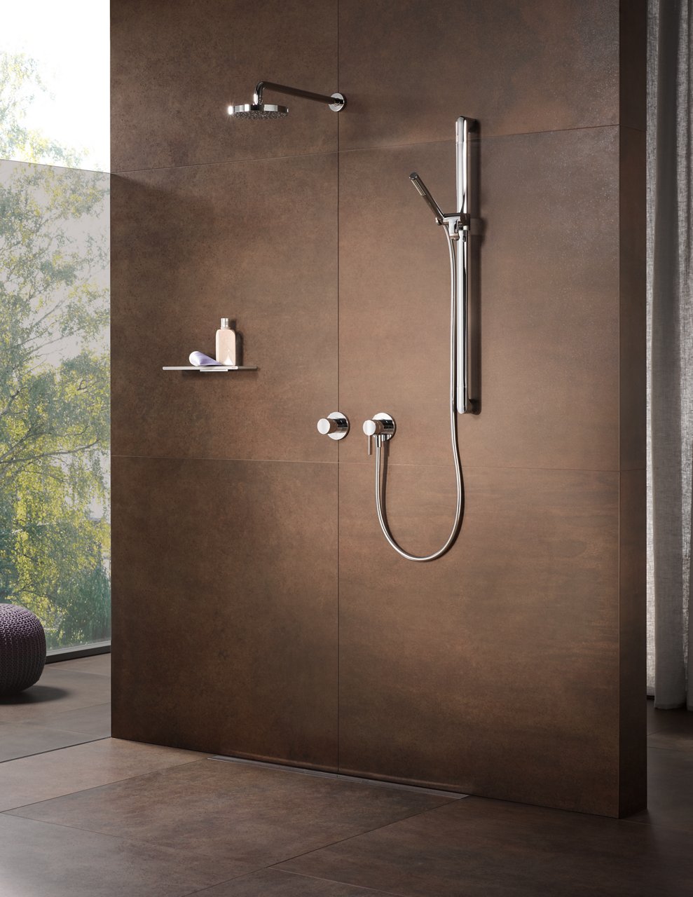 Dusche  mit Edition 400 Einhebelmischer Set, Stabhandbrause und Kopfbrause sowie Duschablage
