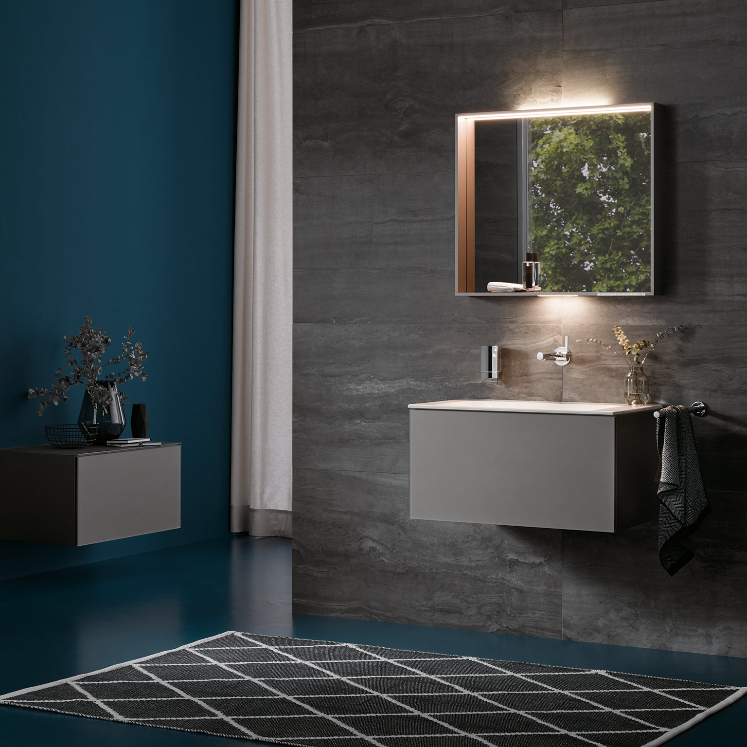  X-Line Lichtspiegel oben und unten beleuchtet mit Waschtischunterbau und Sideboard in Trüffel, Plan Accessoires und IXMO Waschtischmischer