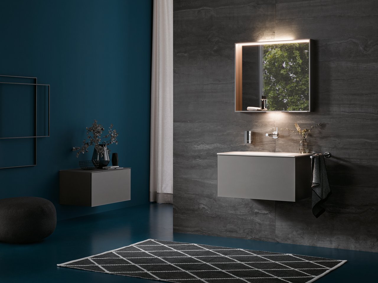  X-Line Lichtspiegel oben und unten beleuchtet mit Waschtischunterbau und Sideboard in Trüffel, Plan Accessoires und IXMO Waschtischmischer