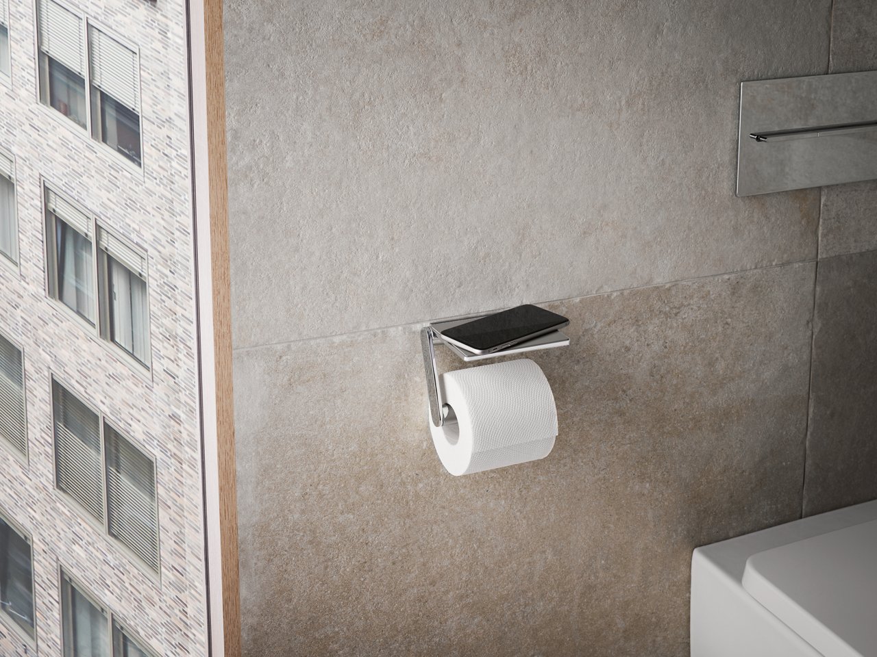 Handy auf der Ablage des Collection Plan Toilettenpapierhalters