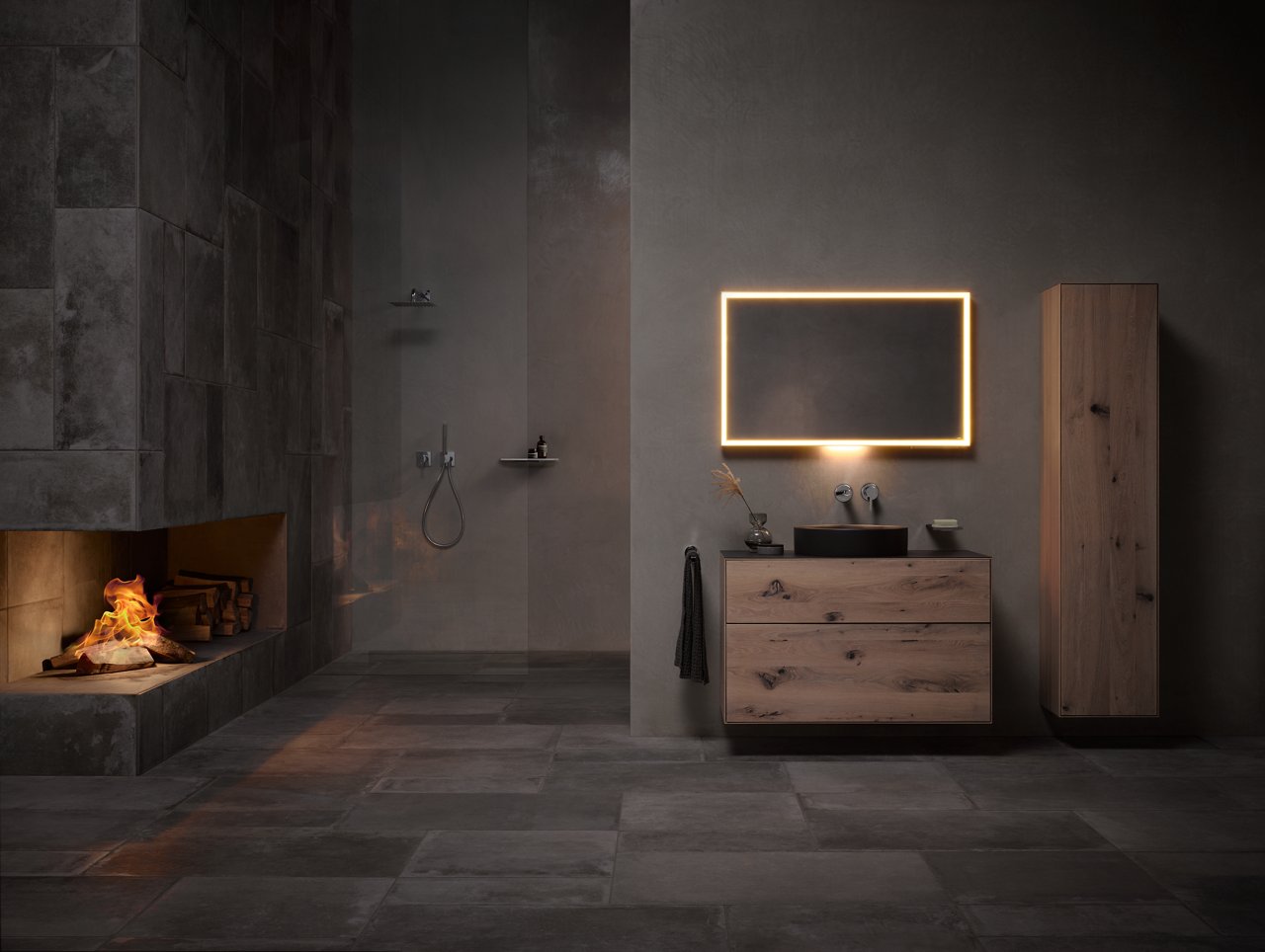Beleuchteter Royal Lumos Lichtspiegel mit Edition Lignatur Waschtischunterschrank und Hochschrank in Eiche Weiß
