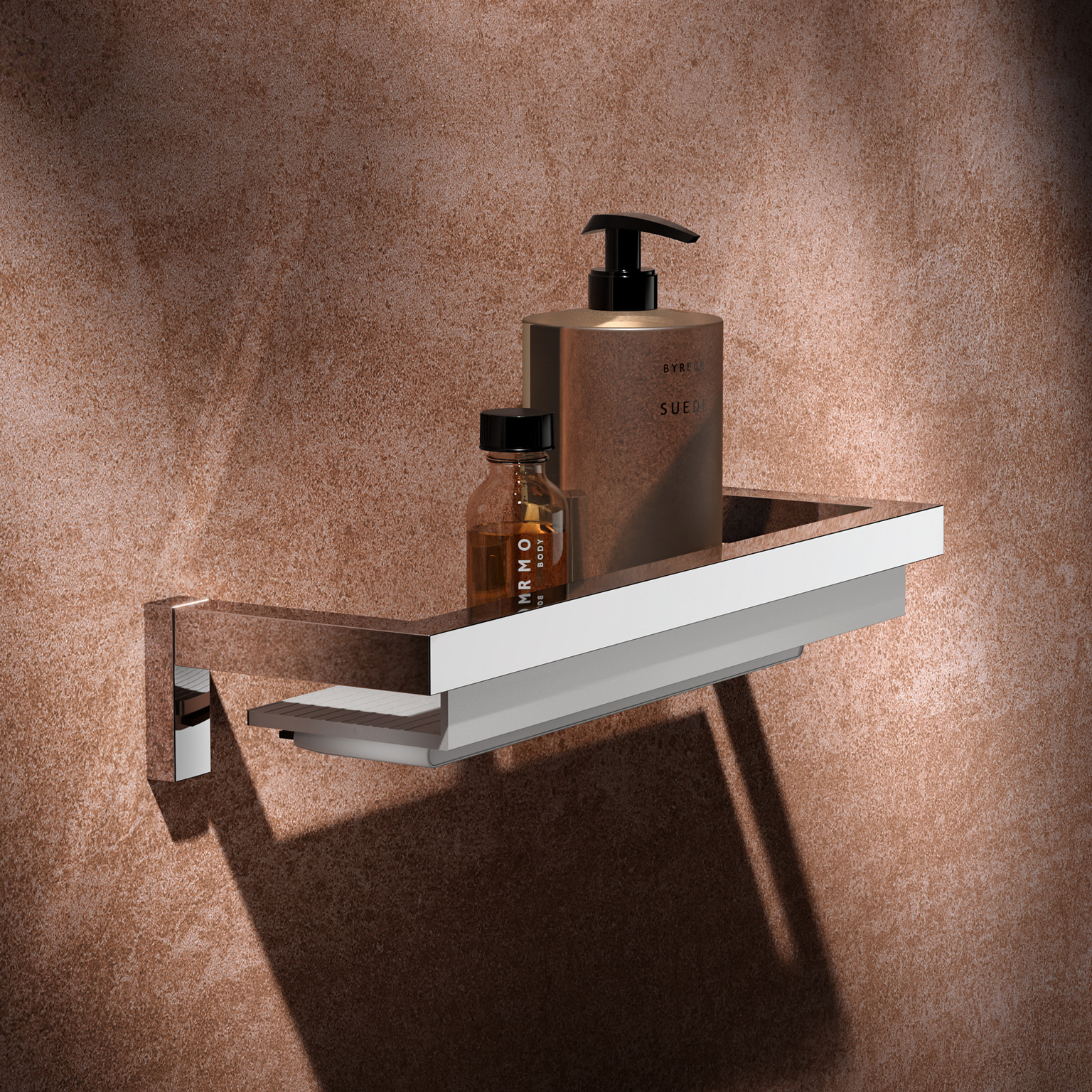 Duschablage der Edition 90 Square mit Behältern für Körperpflegeprodukten und Glasabzieher