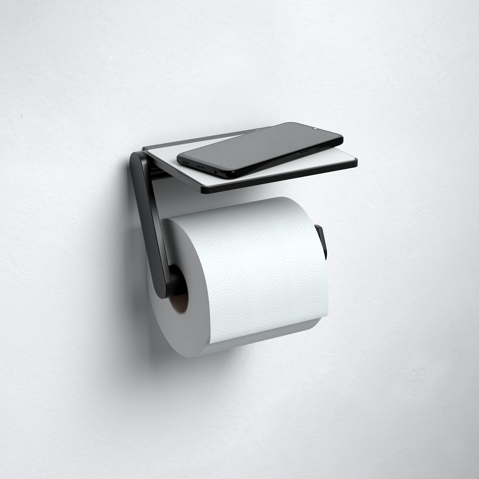 Schwarzer Toilettenpapierhalter der Collection Plan mit Handy auf der Ablage 