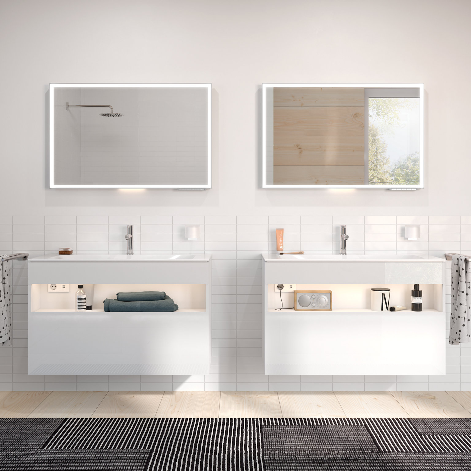 Zwei weiße Stageline Waschtische mit Unterschrank und IXMO Pure Einhebelmischern sowie Reva Accessoires