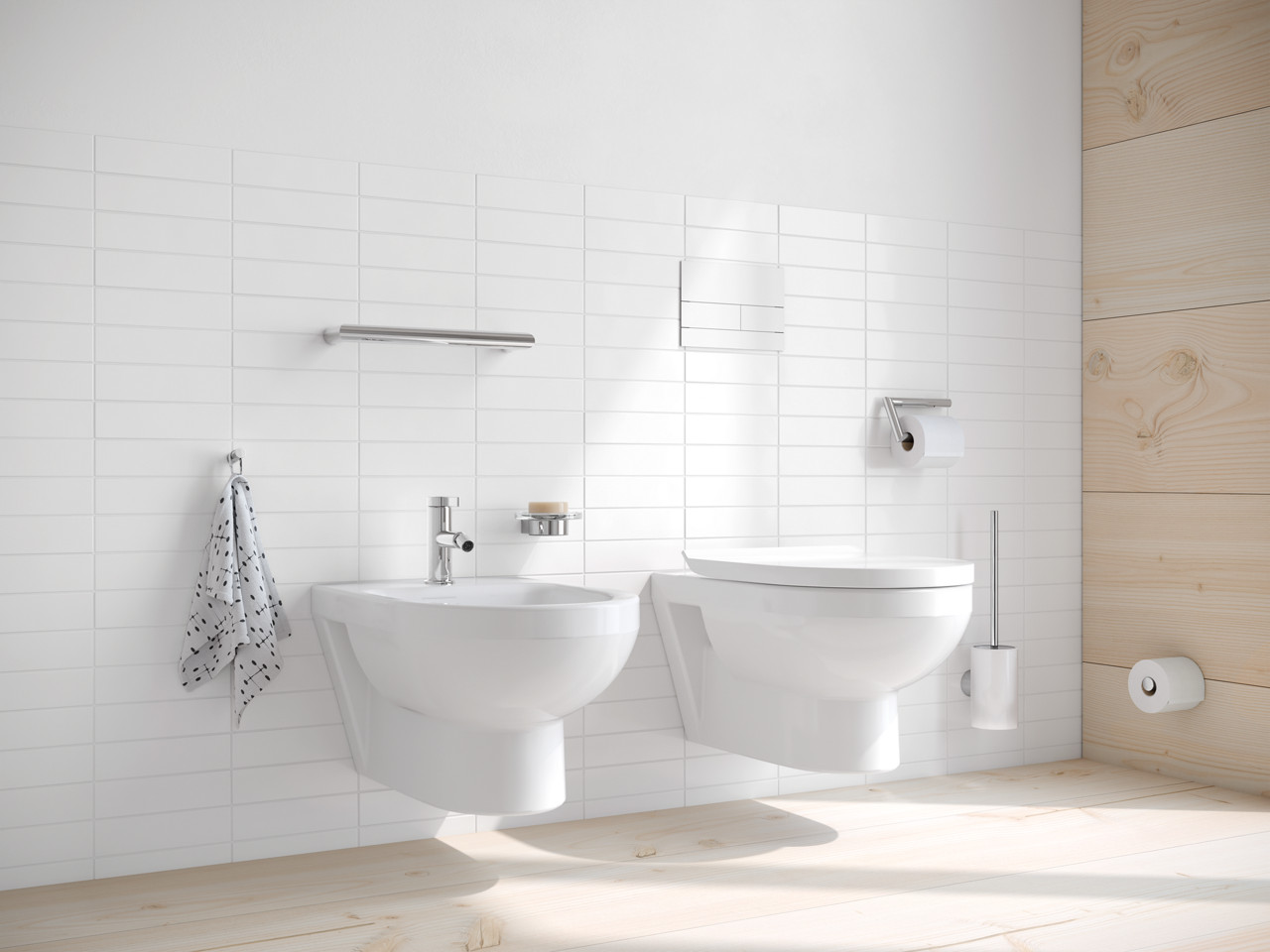 WC und Bidet mit Einhebel-Bidetmischer IXMO Pure und Accessoires der Serien Reva und Plan