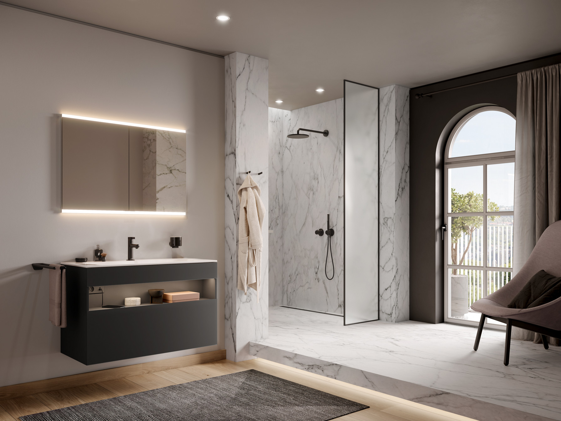 Stageline Waschtischunterschrank unter Royal Modular 2.0 Spiegelschrank mit schwarzen Accessoires und Duscharmaturen im Duschbereich