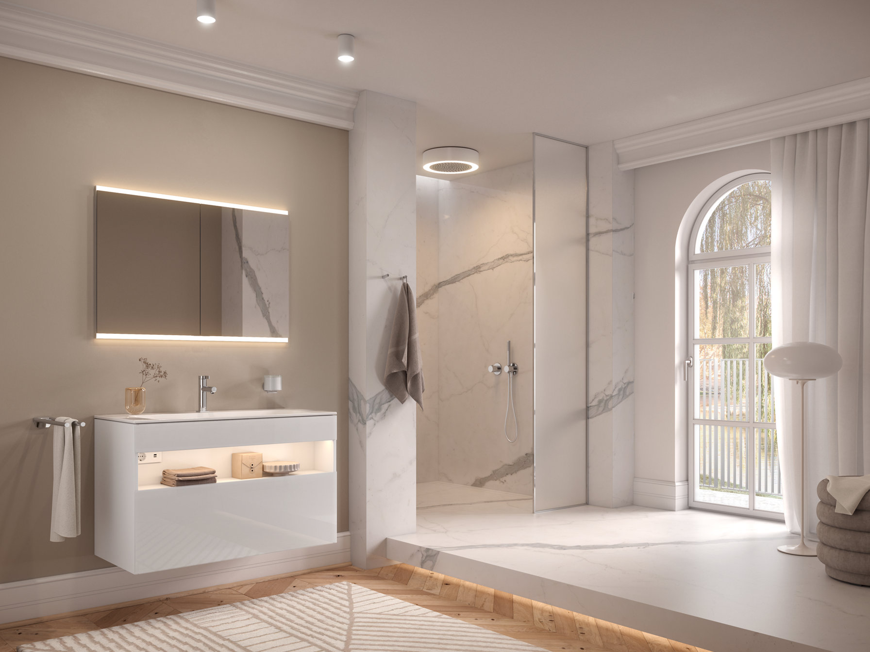 Royal Modular 2.0 Spiegelschrank, Stageline Waschtischunterbau, IXMO Armatur und Reva Accessoires sowie Duschbereich mit Duschleuchte 