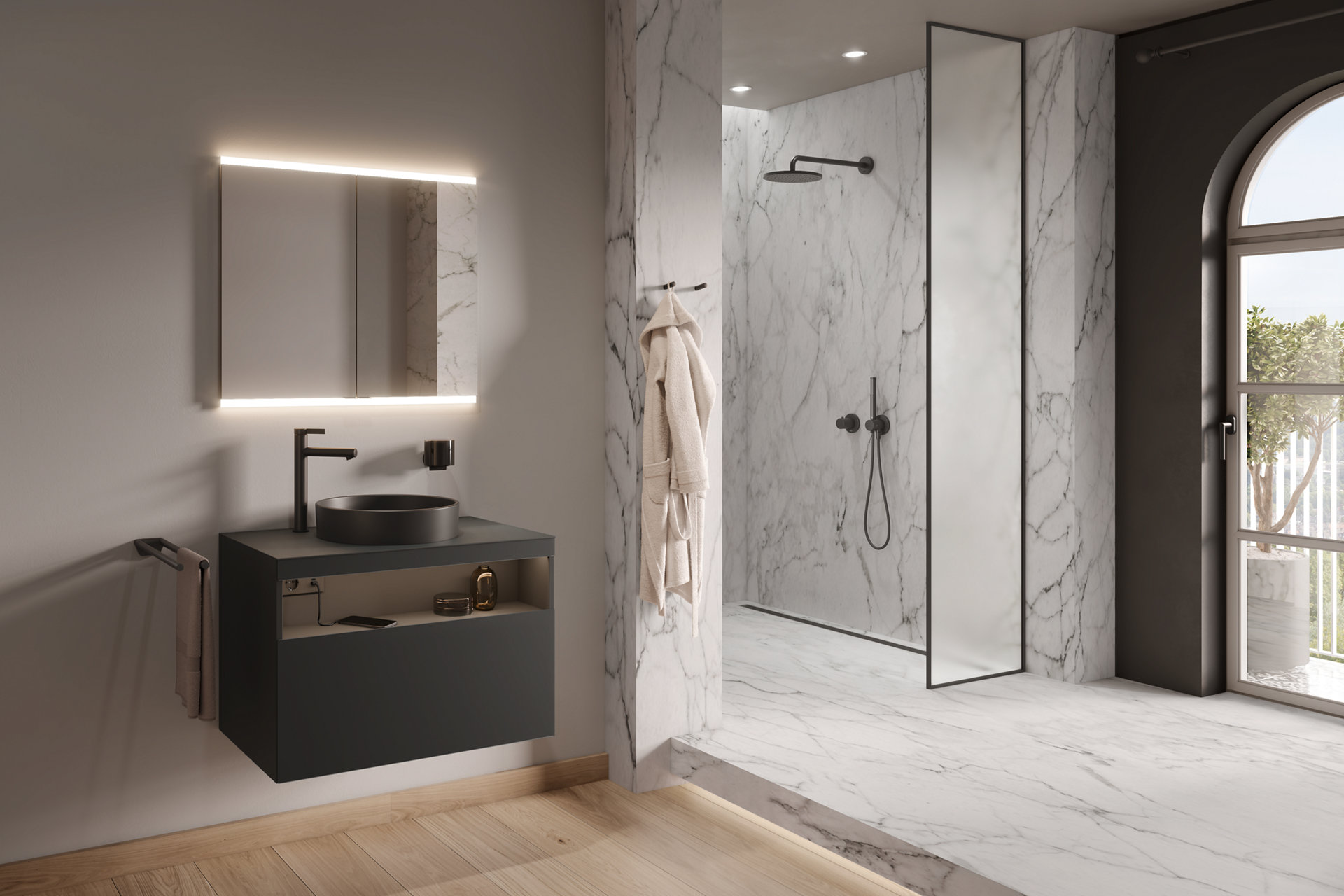 Royal Modular 2.0 Spiegelschrank über einem schwarzen Stageline Waschtisch und Unterschrank, schwarze Reva Accessoires und IXMO Armaturen