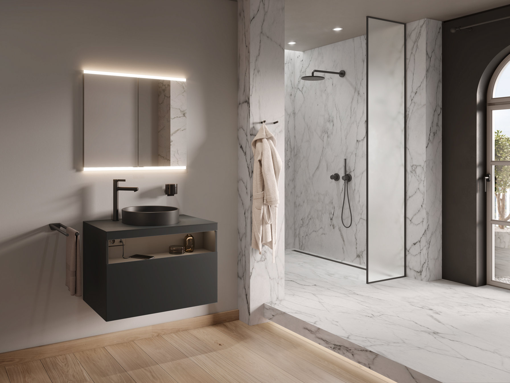 Royal Modular 2.0 Spiegelschrank über einem schwarzen Stageline Waschtisch und Unterschrank, schwarze Reva Accessoires und IXMO Armaturen