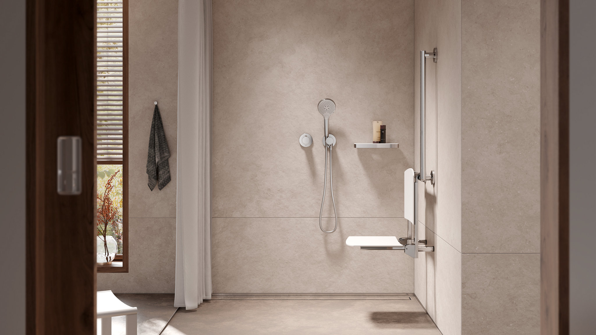 Douche avec accessibilité avec siège rabattable Plan CARE blanc