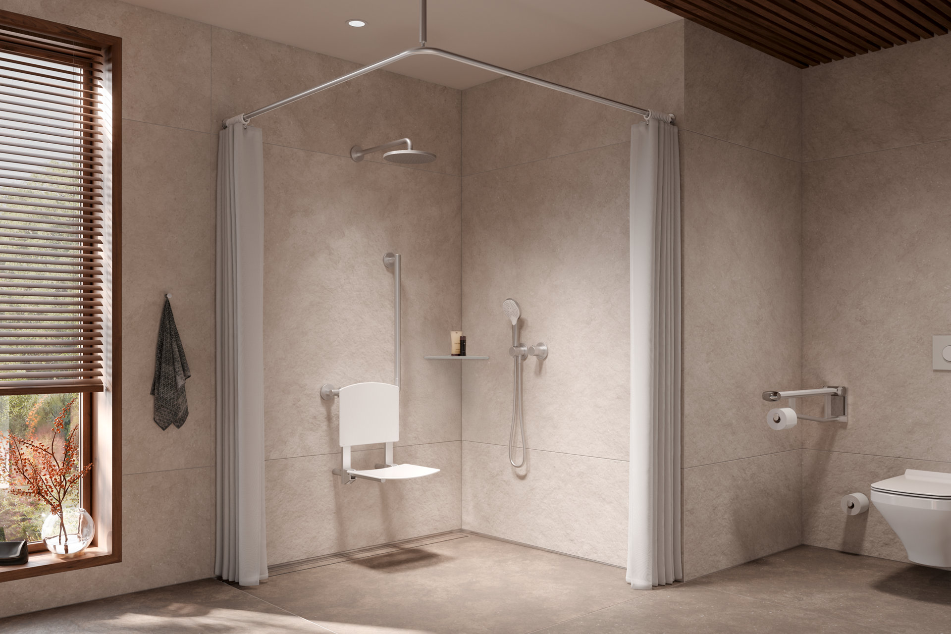 Barrierefreie Dusche mit Plan Care Klappsitz in Weiß und Plan Duschvorhang