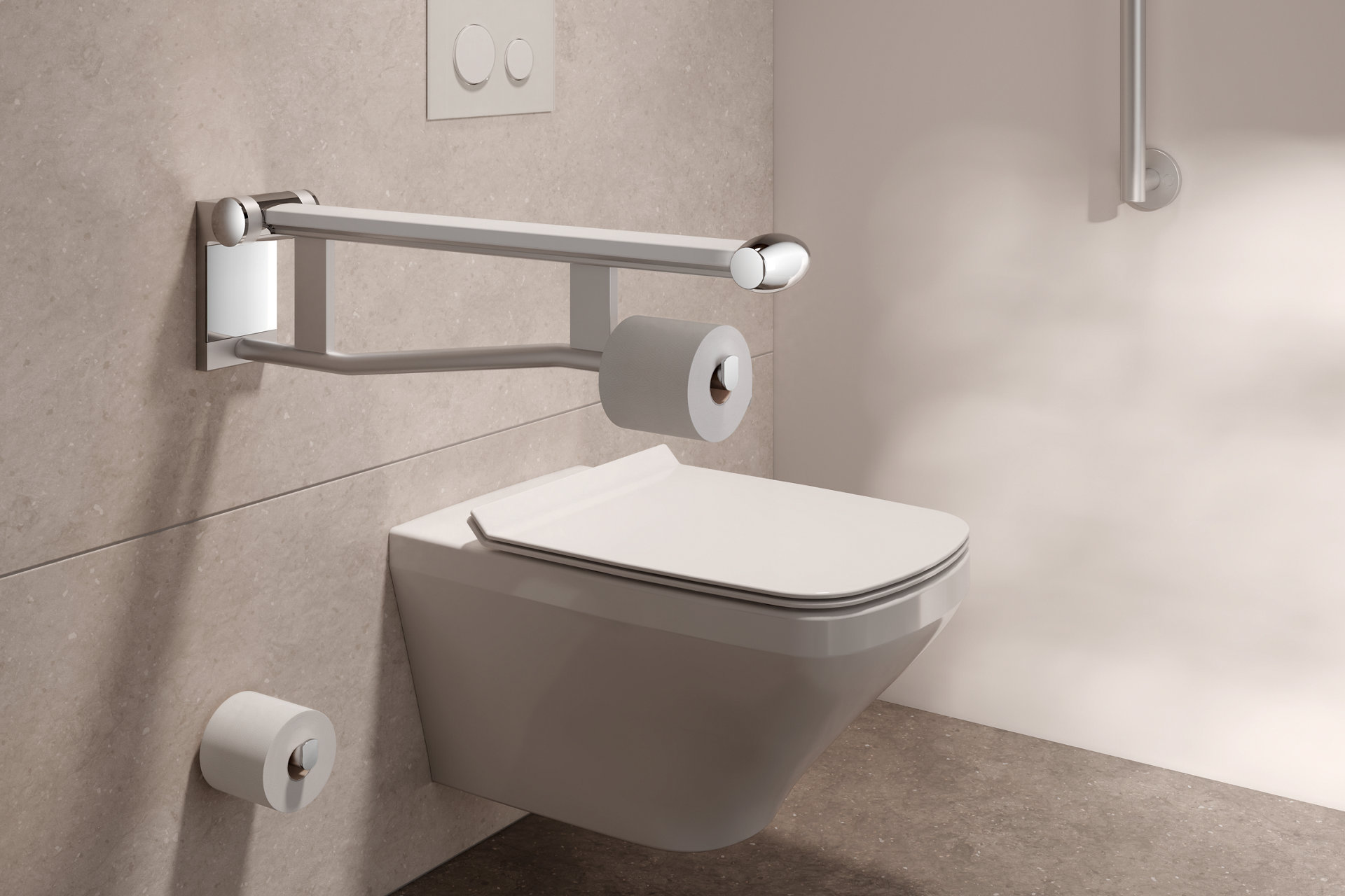 Plan Care Stützklappgriff am WC mit Reservepapierhalter und Haltegriff in Aluminium finisch