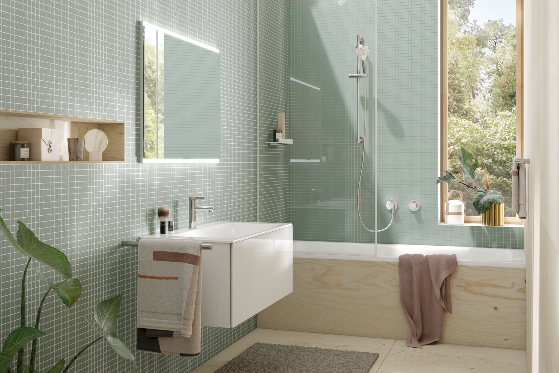 Royal Modular 2.0 Spiegelschrank, Waschtisch-Set X-Line mit IXMO Waschtischmischer und Reva Handtuchhalter sowie Dusche mit Brausearmaturen