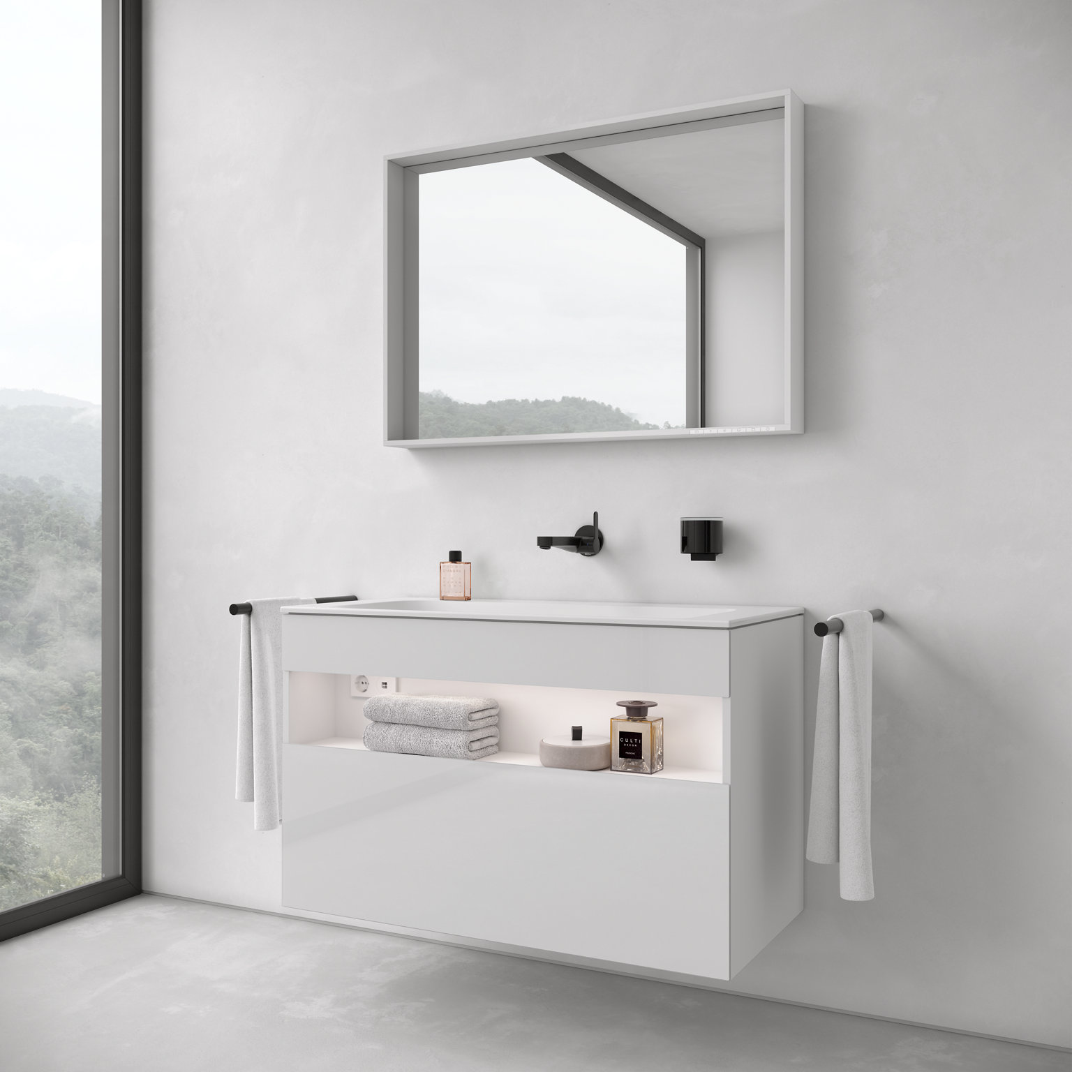 X-LINE Lichtspiegel über Stageline Waschtischunterschrank, schwarzen Accessoires der Collection Reva und schwarzem IXMO Waschtischmischer 